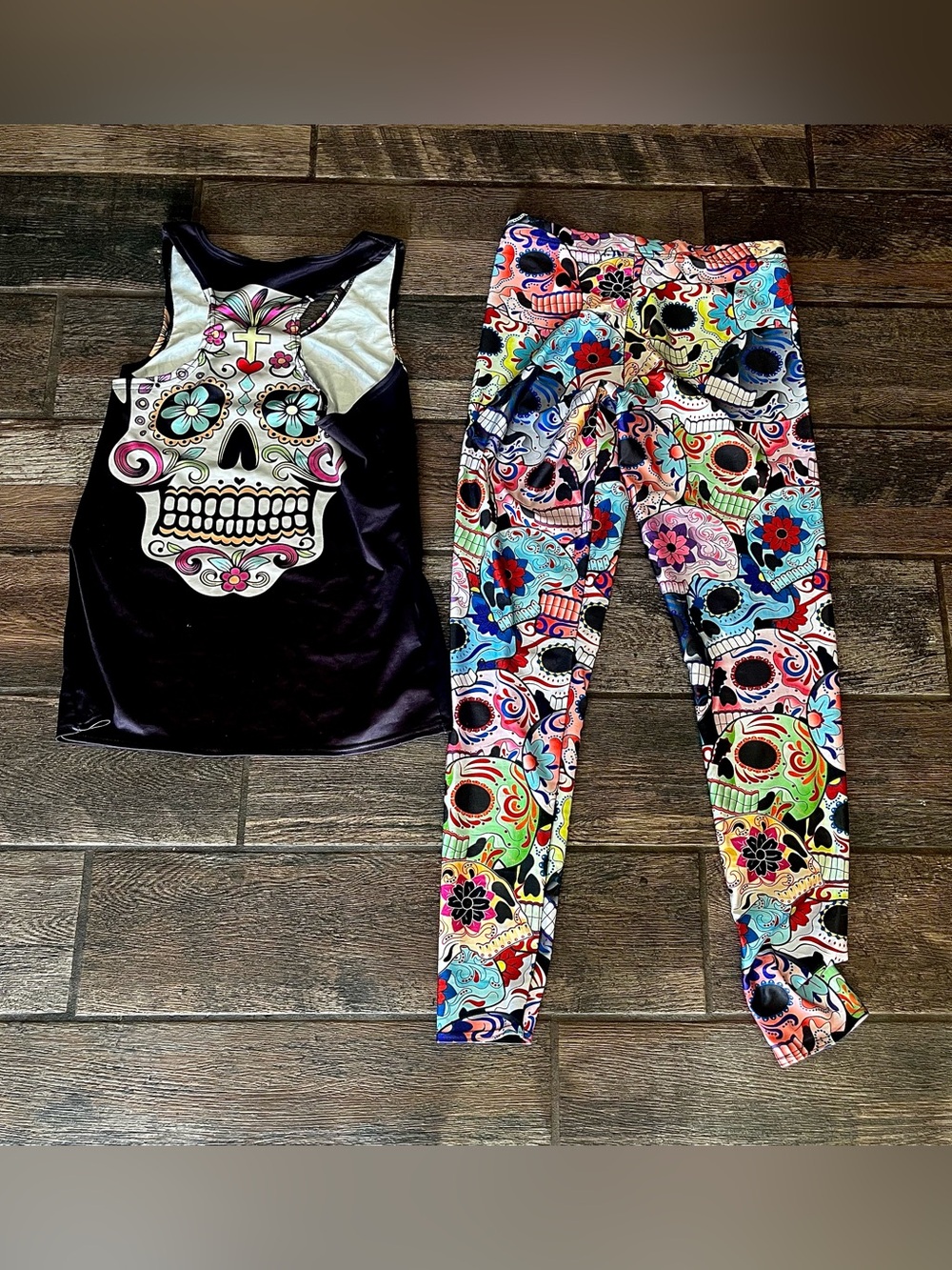 BlackMilk Day of the Dead skull print leggings M & matching rank top XL - Picture 3 of 12